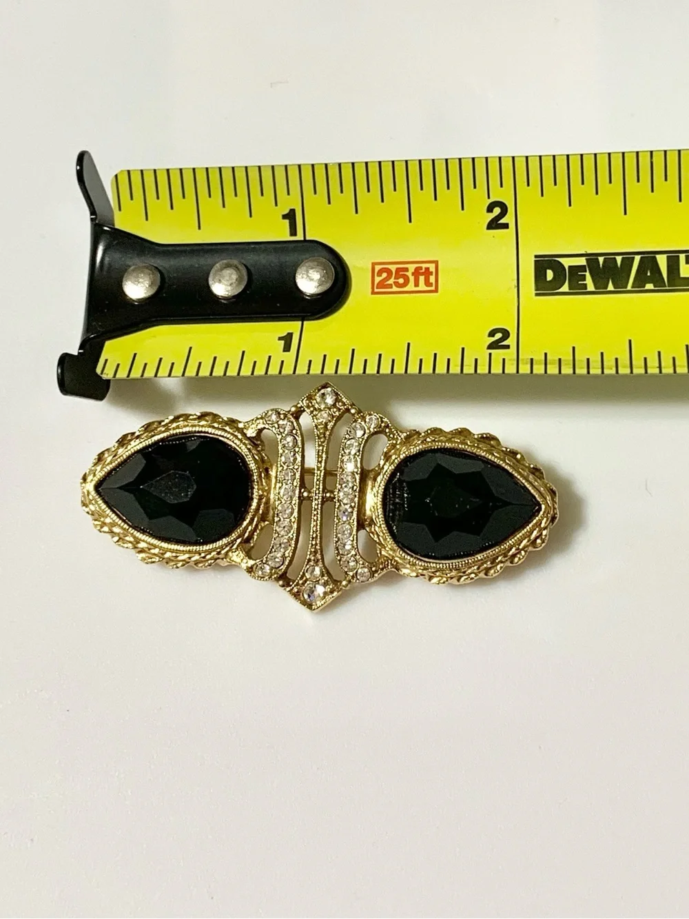 Vintage Art Deco Brooch Black Gold Tone & Rhinestone